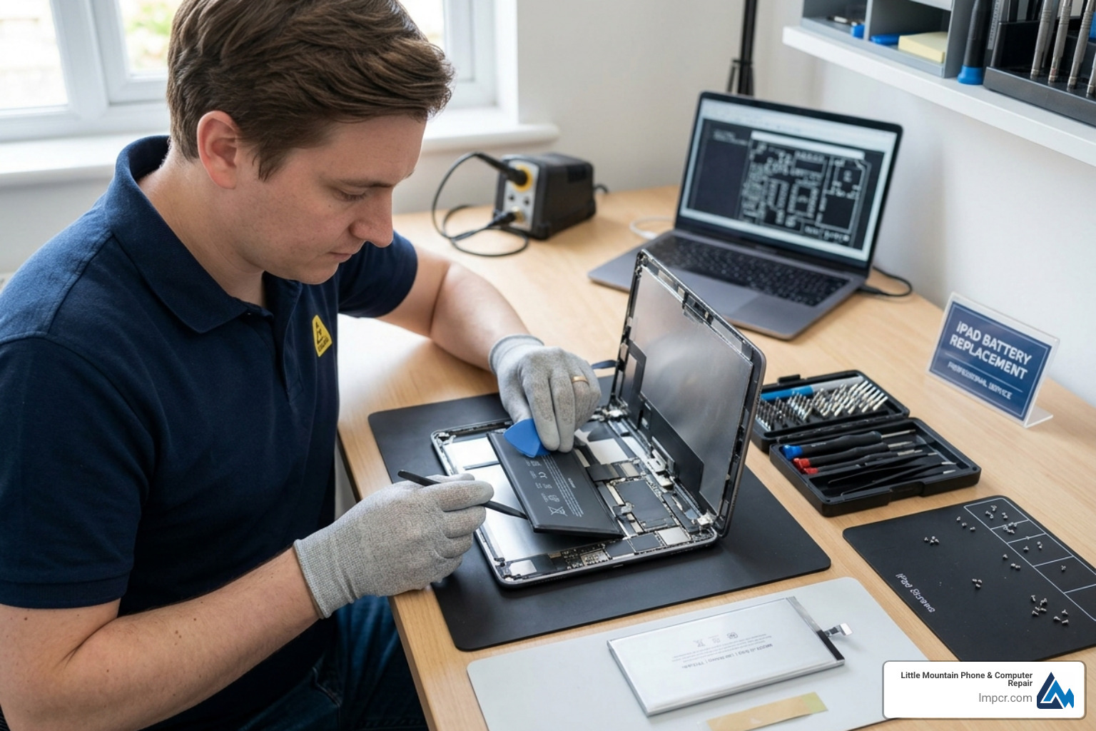 iFixit repair kit showing specialized prying tools, suction cups, and screwdrivers for iPad repair - iPad battery replacement
