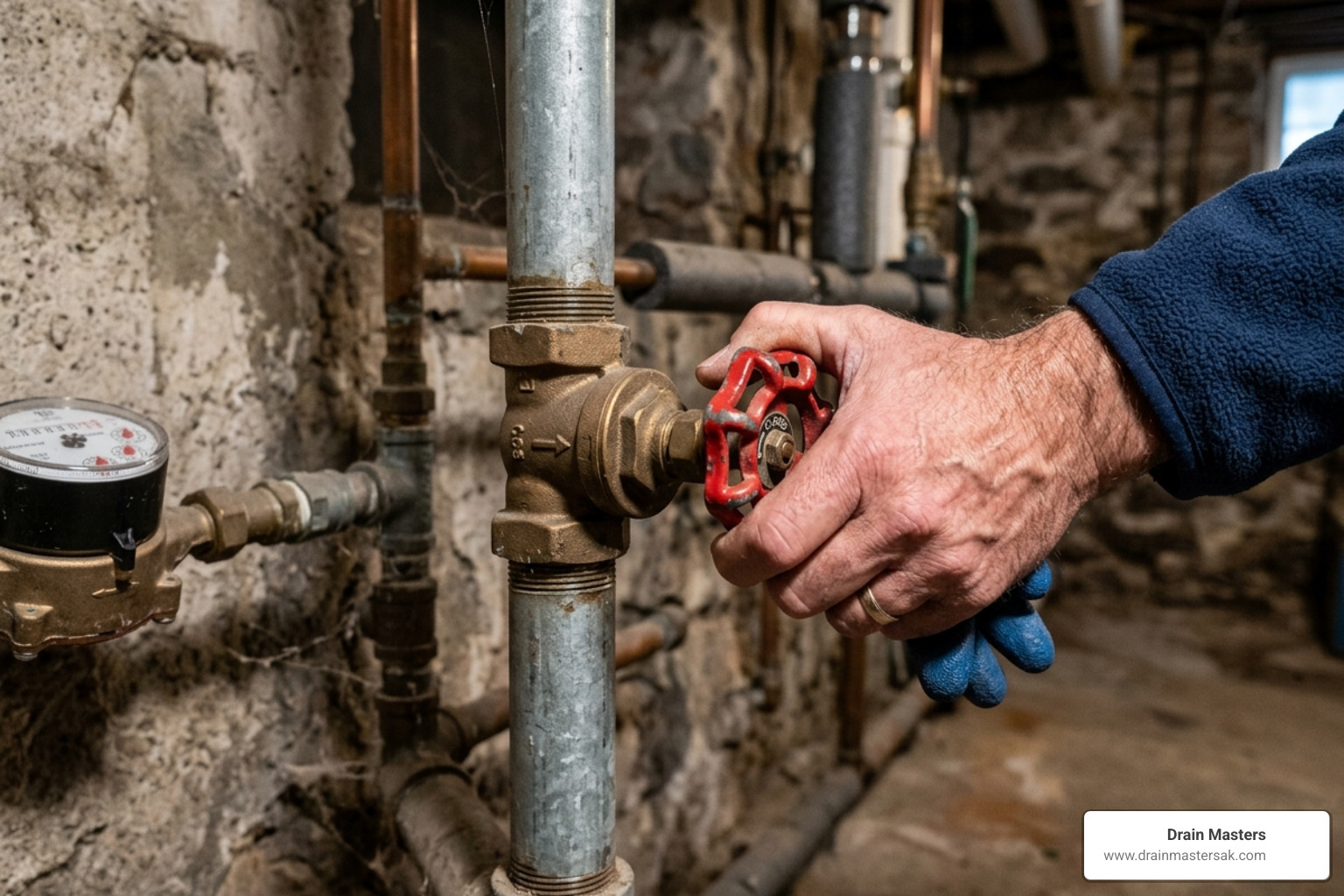 Homeowner turning off a main water shut-off valve - 24/7 plumbing anchorage ak