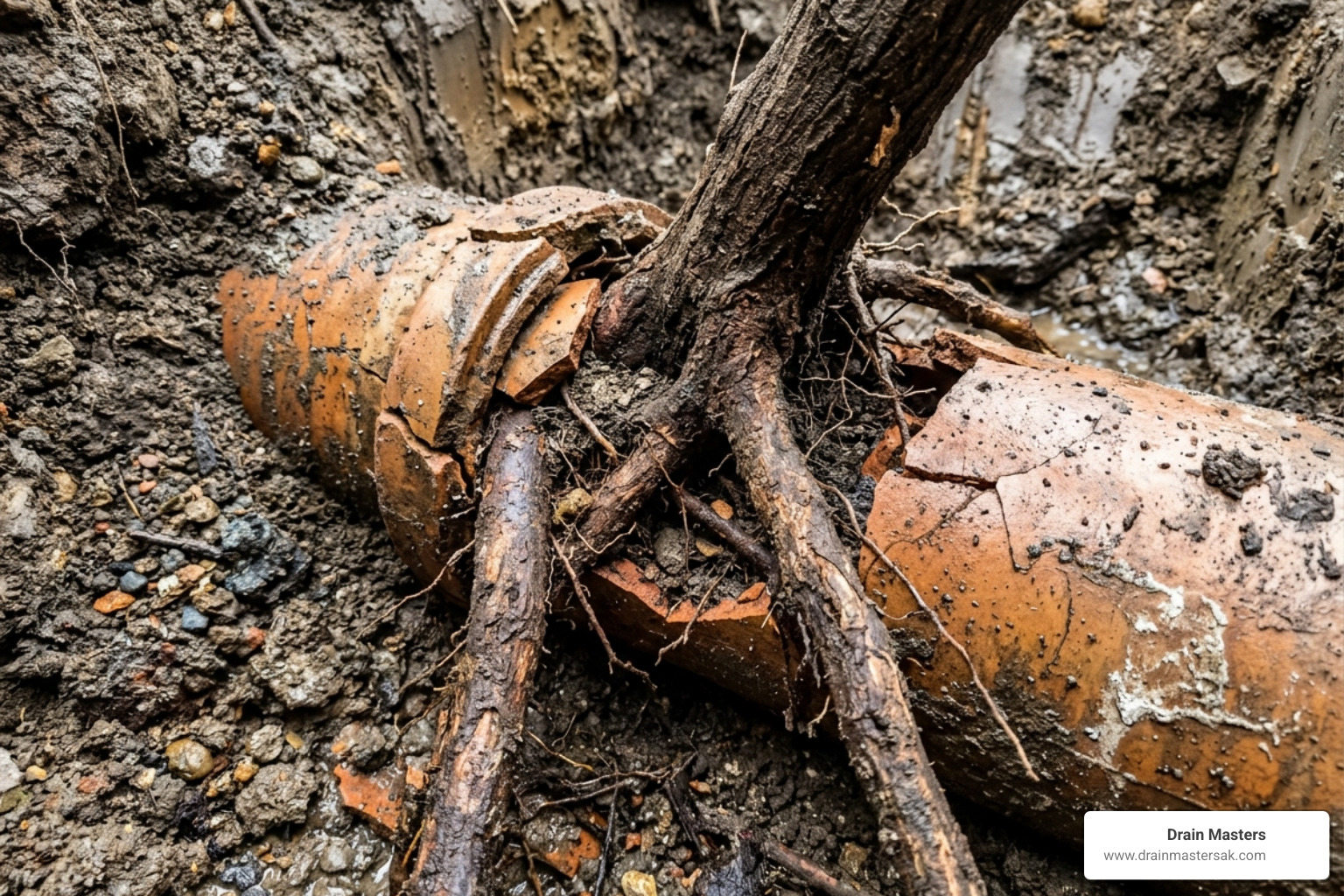 Close-up of tree root intrusion breaking through a sewer pipe joint - sewer pipe repair anchorage