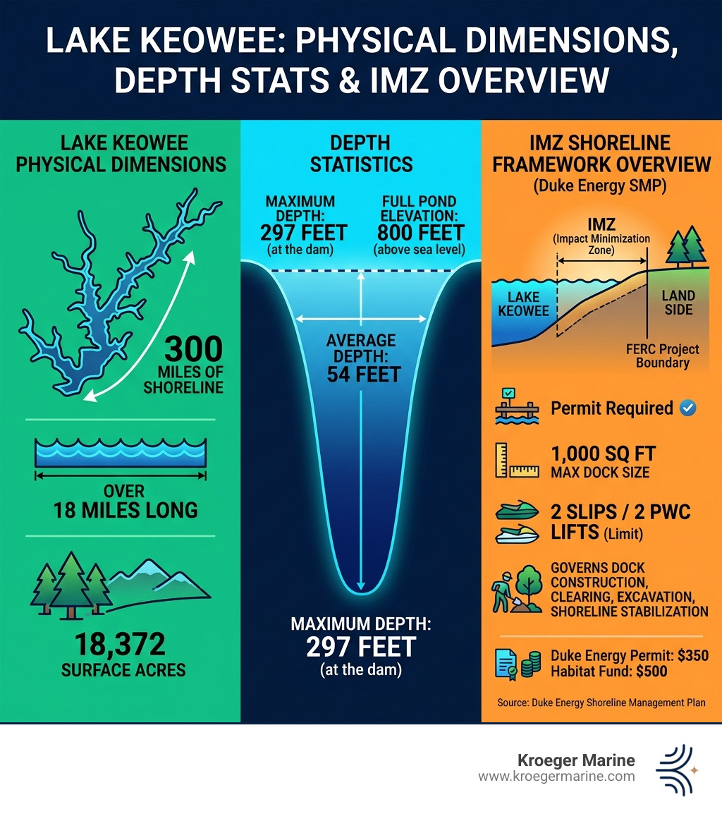 Lake Keowee physical dimensions, depth stats, and IMZ shoreline framework overview - IMZ Lake Keowee infographic 
