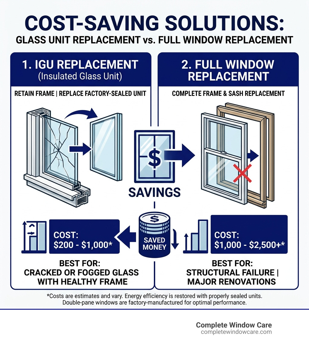 Infographic showing cost savings of glass replacement vs full window replacement - repair broken window glass double pane