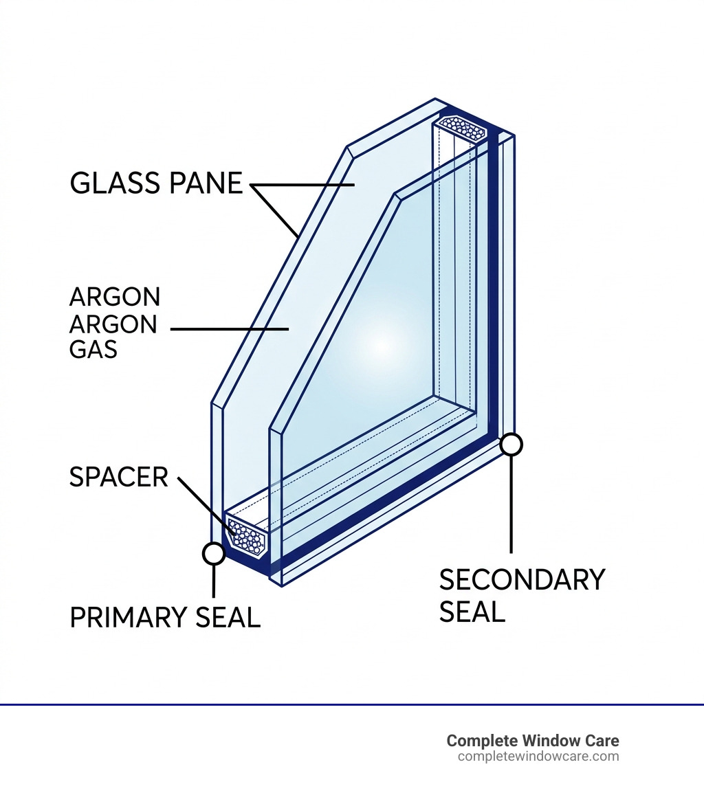 Components of an insulated glass unit (IGU) with labels showing glass panes, spacer, argon gas, and seals - glass window