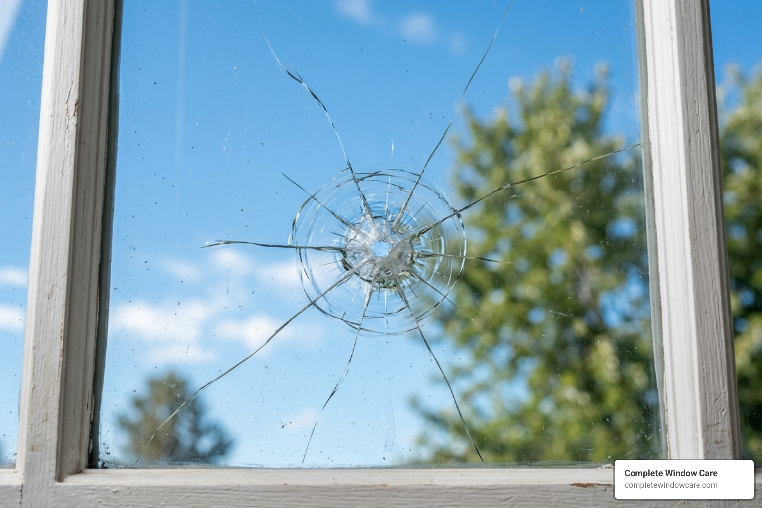 Hail damage on a residential window pane with star-shaped cracks - glass window repair services