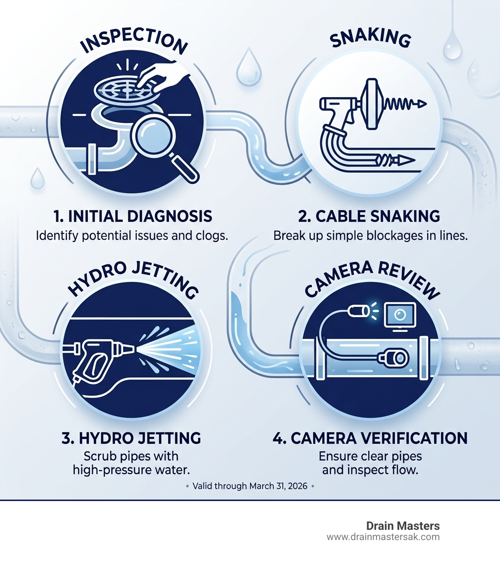 Professional drain cleaning process infographic: inspection, snaking, hydro jetting, camera review - unclog drain anchorage Professional drain cleaning process infographic: inspection, snaking, hydro jetting, camera review - unclog drain anchorage