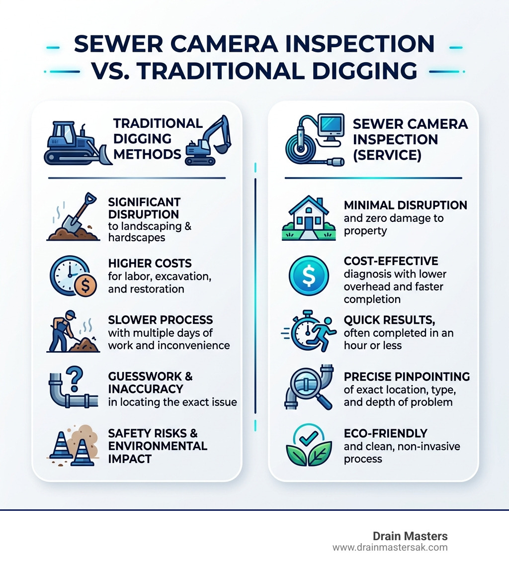 Infographic showing benefits of sewer camera inspection vs traditional digging methods - sewer camera inspection service