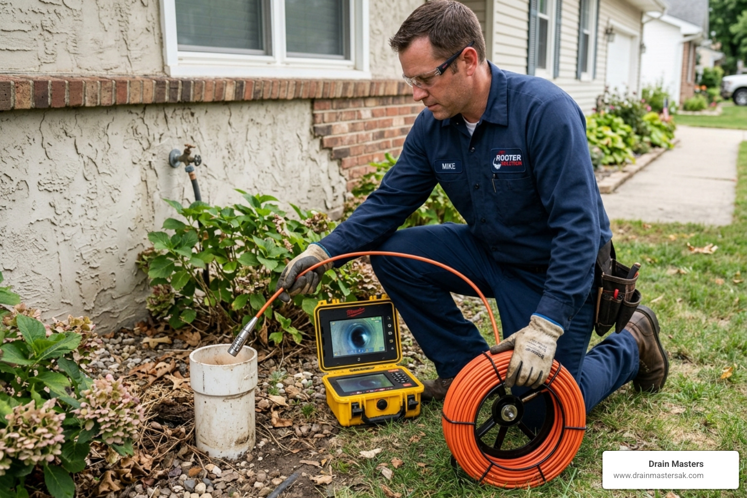 Technician inserting a waterproof HDR camera into a plumbing cleanout - sewer camera inspection service
