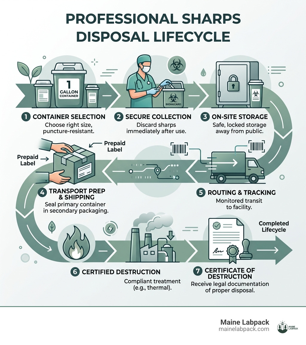 Infographic showing professional sharps disposal lifecycle from container selection to certified destruction - 1 gallon Infographic showing professional sharps disposal lifecycle from container selection to certified destruction - 1 gallon