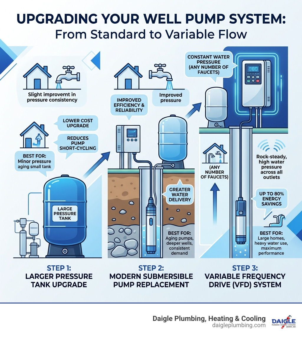 Infographic showing step-by-step well pump upgrade options from pressure tank to VFD systems - upgrade well pump system Infographic showing step-by-step well pump upgrade options from pressure tank to VFD systems - upgrade well pump system