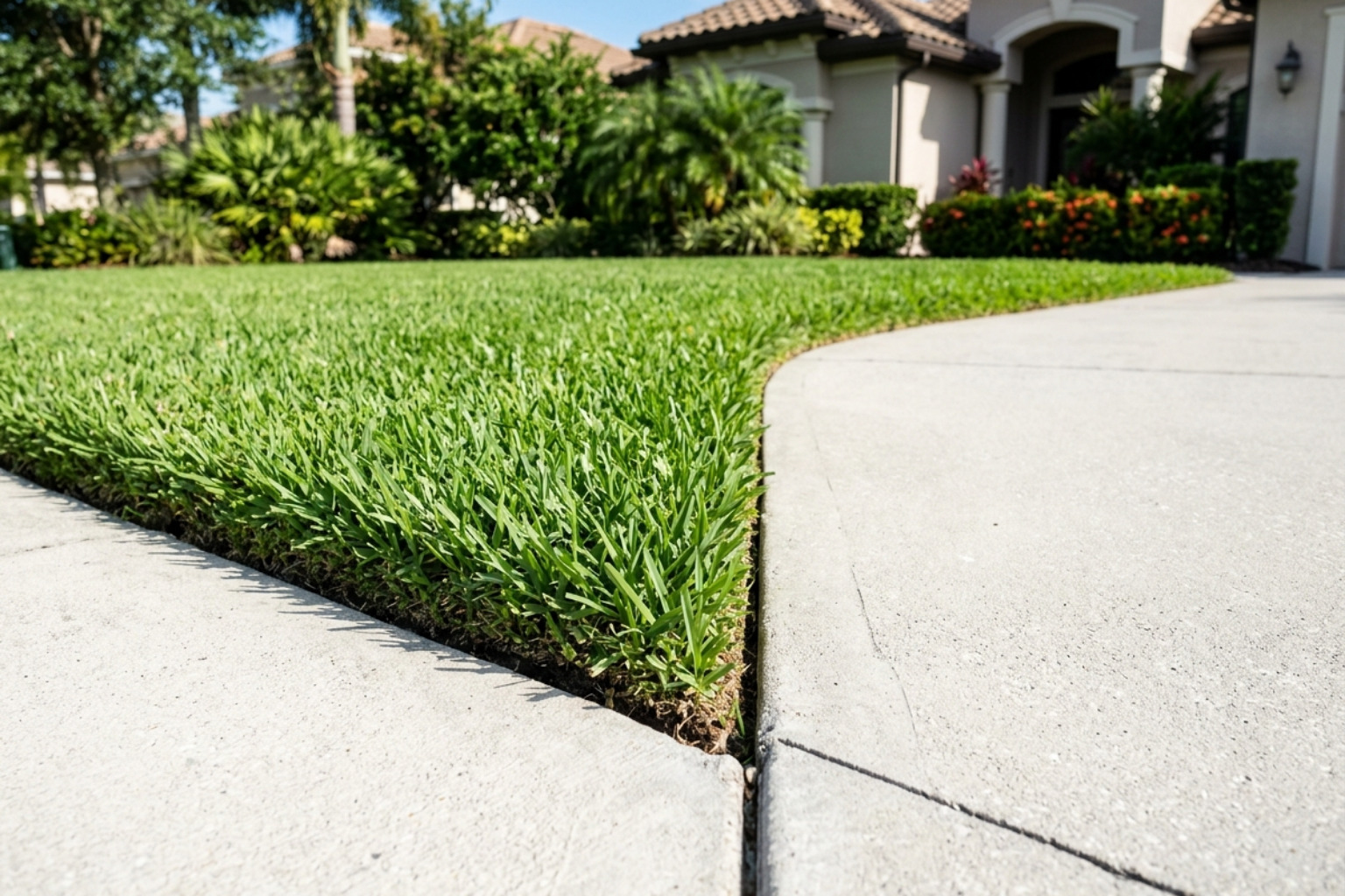 clean driveway and sidewalk edges after professional mechanical edging - weekly lawn service