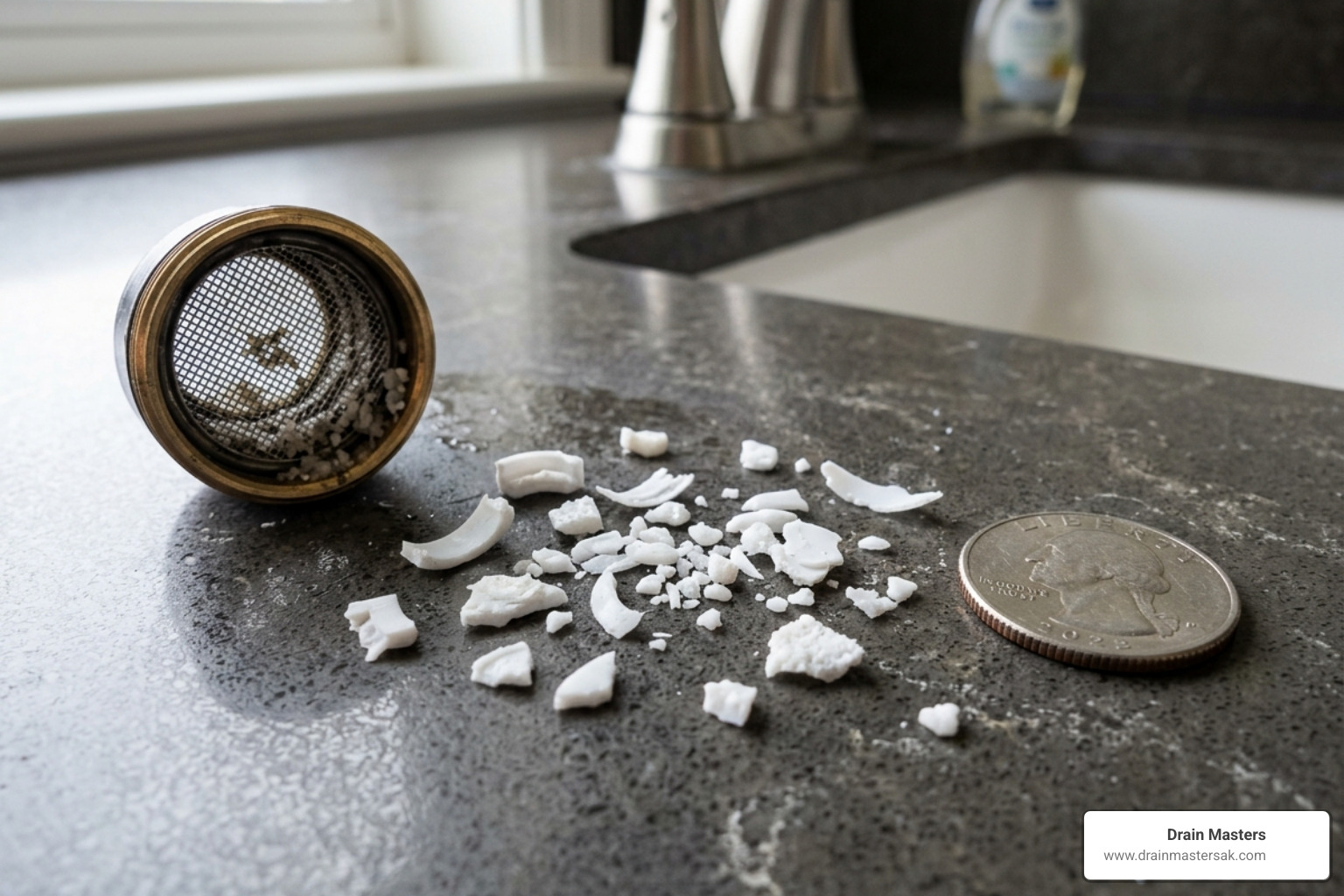 Small white plastic debris collected from a faucet aerator - water heater dip tube replacement Small white plastic debris collected from a faucet aerator - water heater dip tube replacement