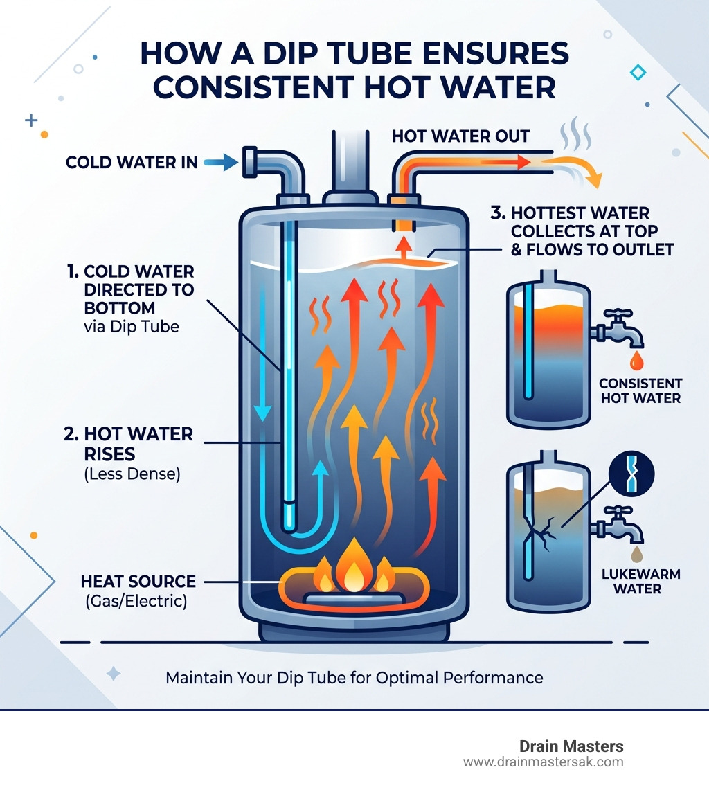 Infographic showing dip tube function: cold water in at top, directed to bottom, hot water rises to outlet - water heater Infographic showing dip tube function: cold water in at top, directed to bottom, hot water rises to outlet - water heater
