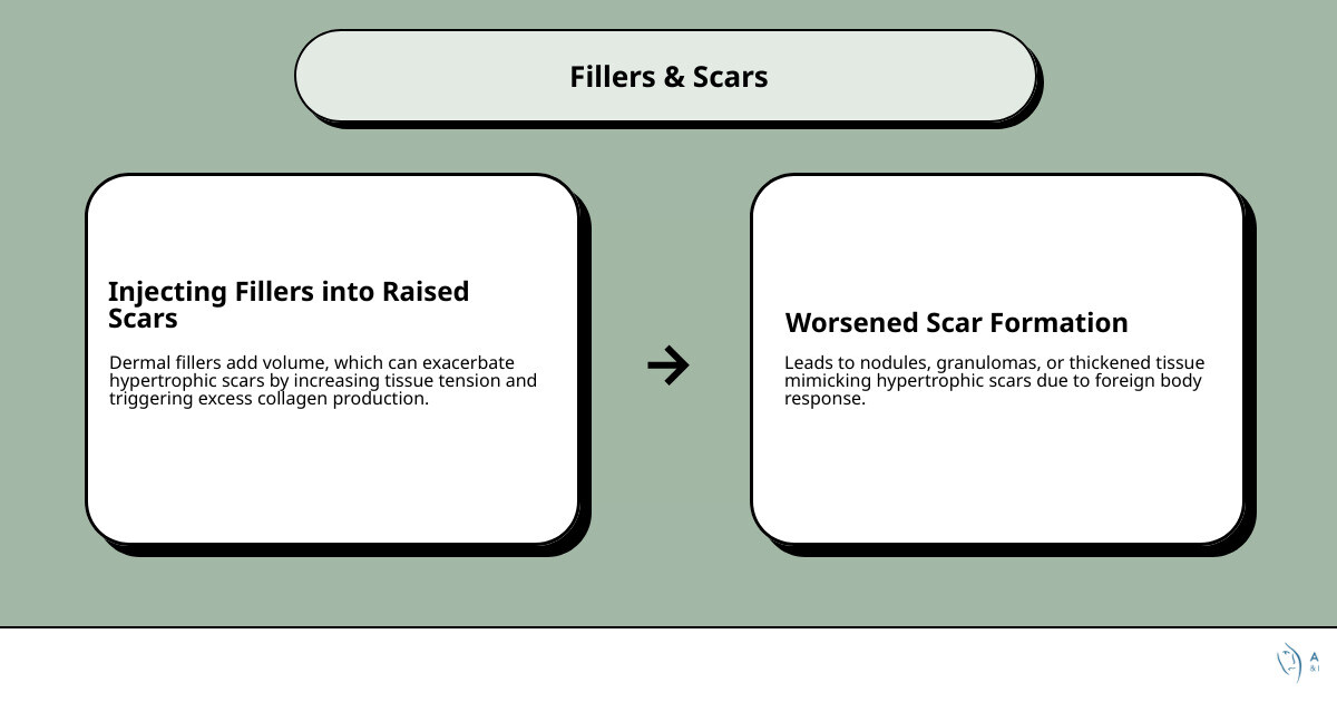 Infographic comparing atrophic vs hypertrophic scars, filler suitability, and recommended treatments for each - hypertrophic Infographic comparing atrophic vs hypertrophic scars, filler suitability, and recommended treatments for each - hypertrophic