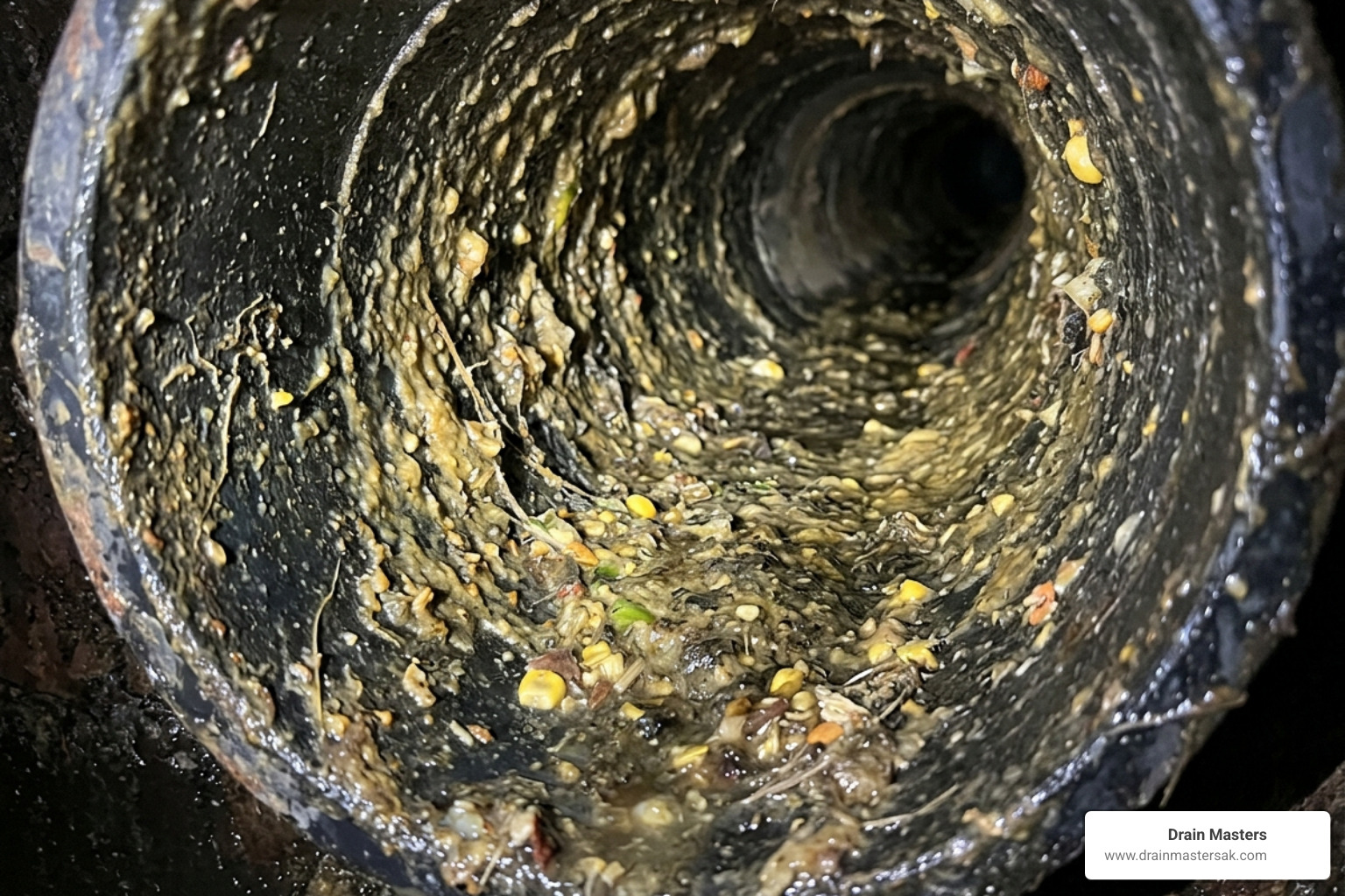 Grease buildup inside a residential sewer pipe - unclog drain anchorage Grease buildup inside a residential sewer pipe - unclog drain anchorage