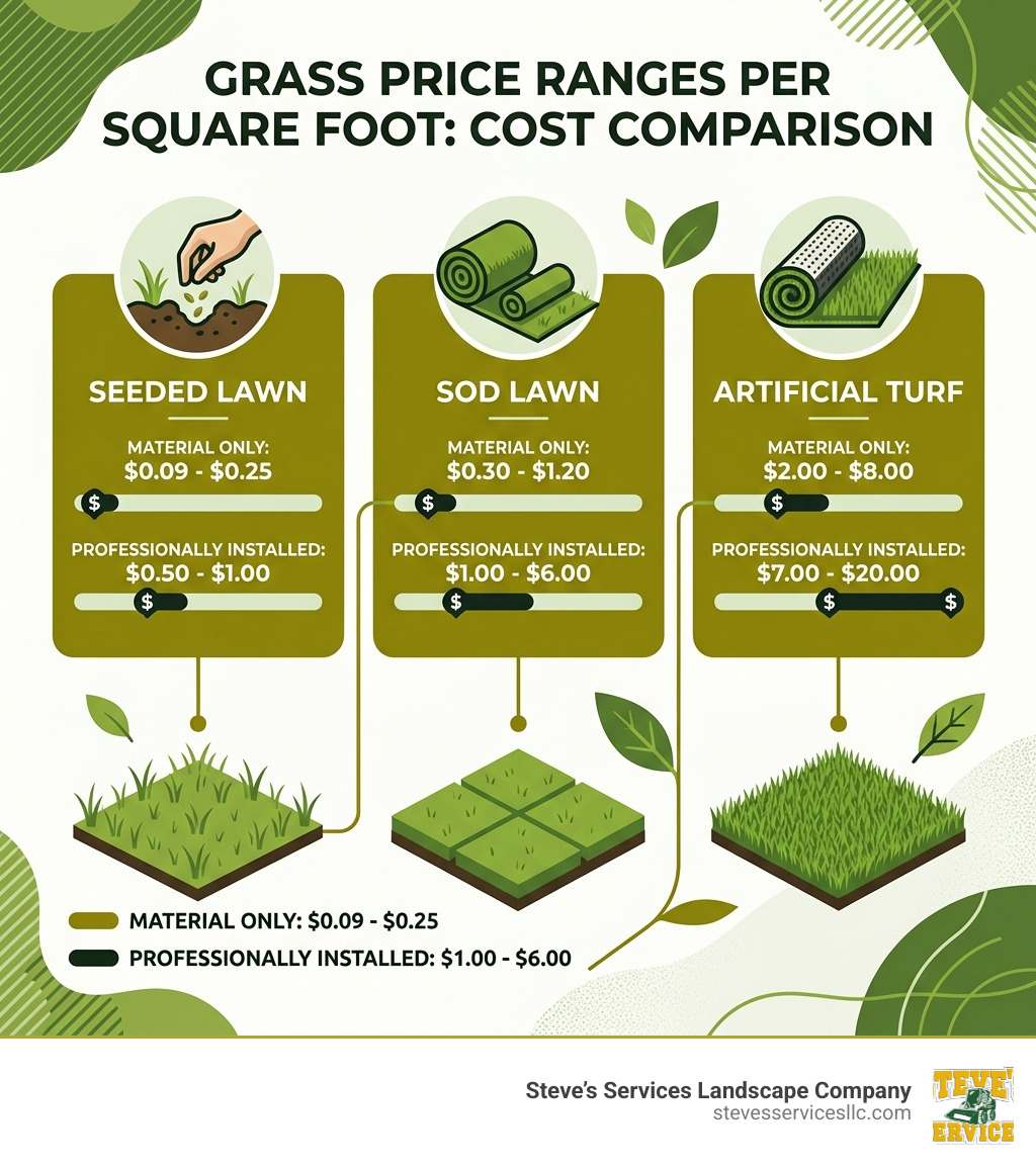 Infographic showing grass price ranges per square foot by type: seed, sod, and artificial turf with installed vs Infographic showing grass price ranges per square foot by type: seed, sod, and artificial turf with installed vs