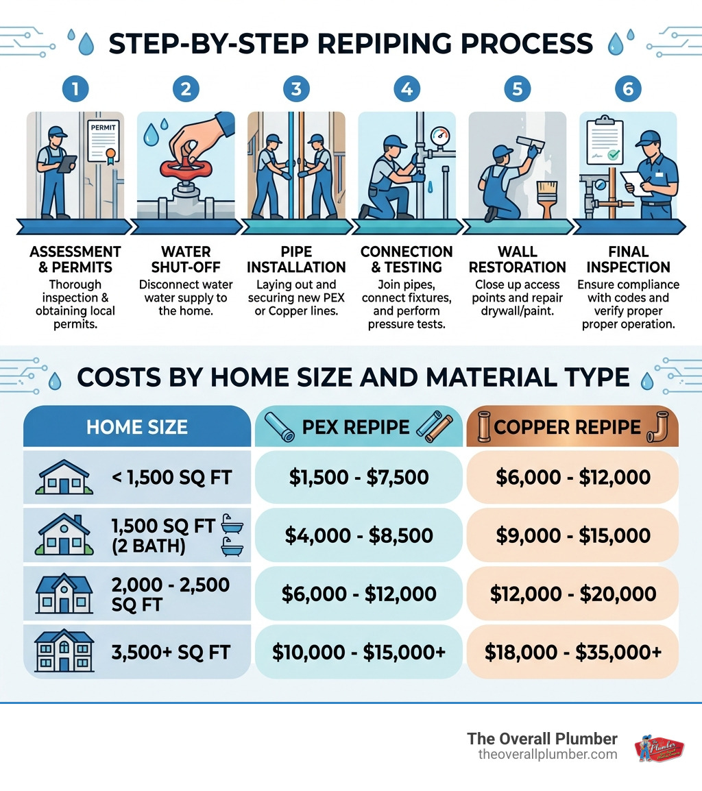 Step-by-step repiping process infographic with costs by home size and material type - average cost to repipe a house