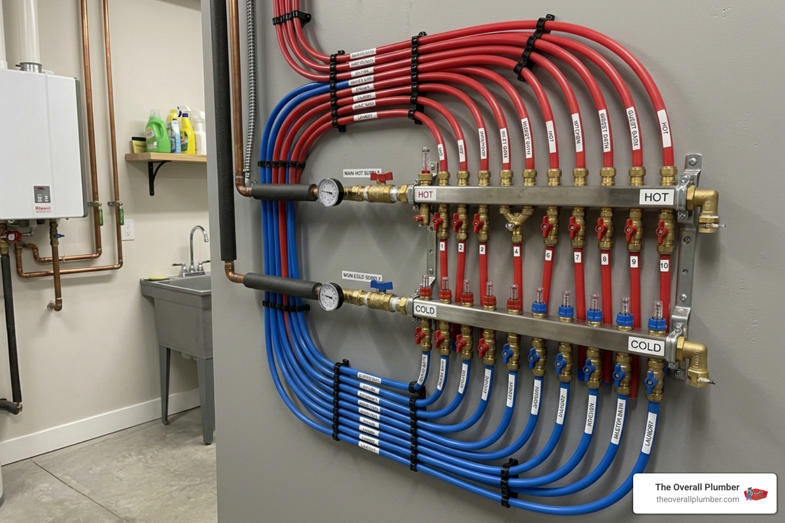 A professional PEX manifold system installed in a home utility area - average cost to repipe a house