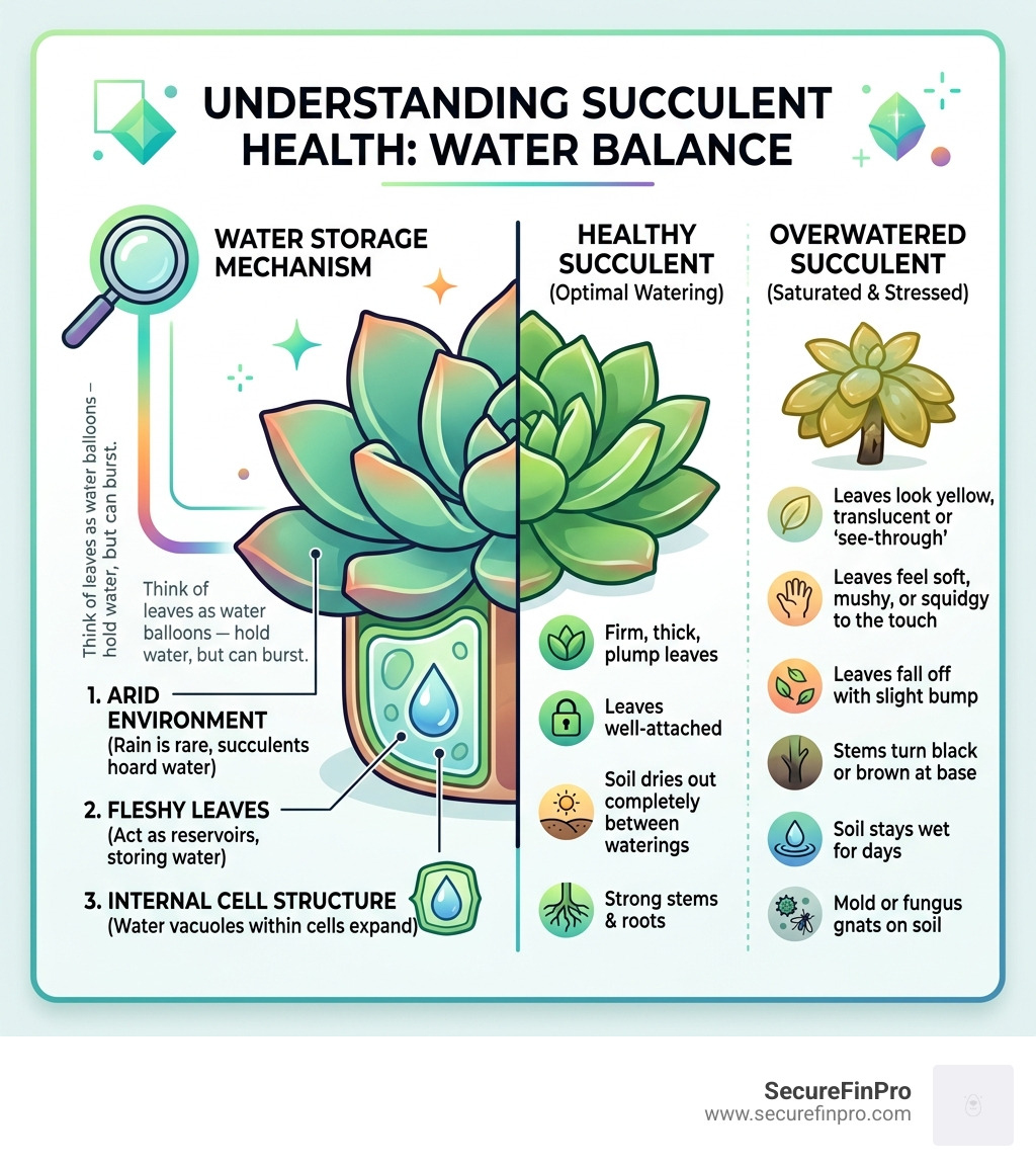 Infographic showing signs of overwatered succulents vs healthy succulents and water storage mechanism - signs of overwatered