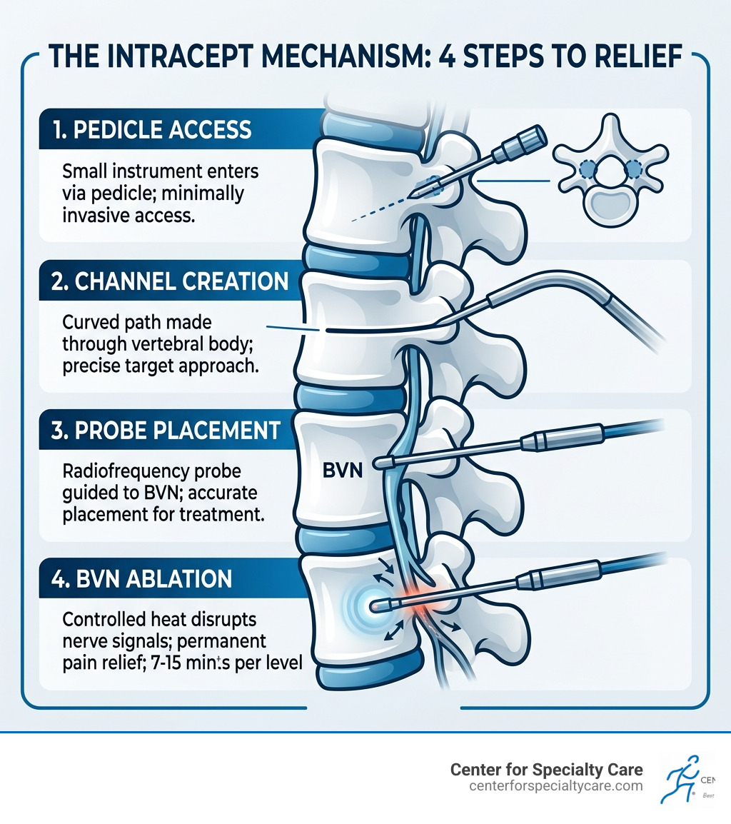 Infographic showing the 4-step Intracept mechanism: pedicle access, channel creation, probe placement, and BVN ablation