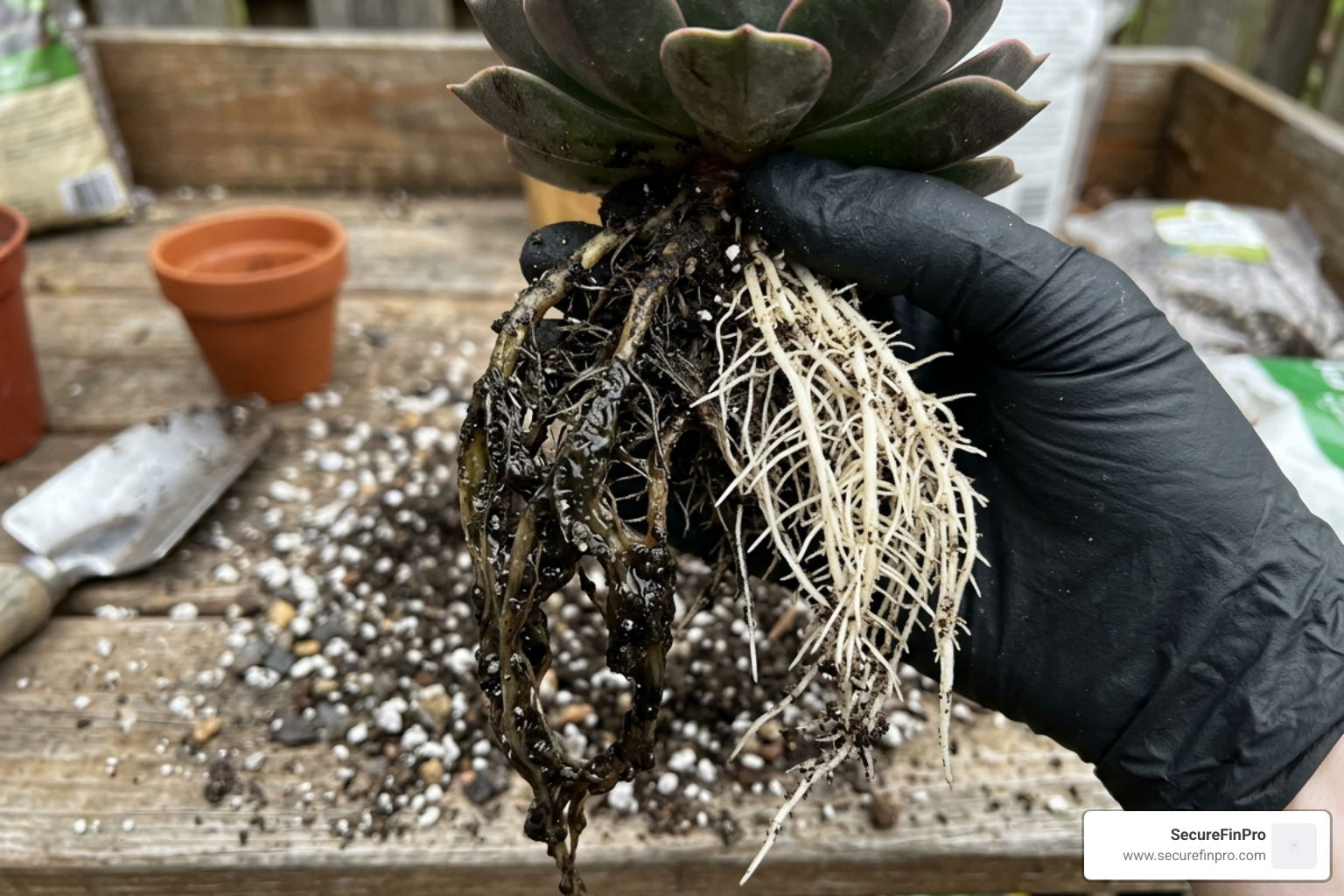 Dark, slimy succulent roots indicating advanced root rot - signs of overwatered succulents