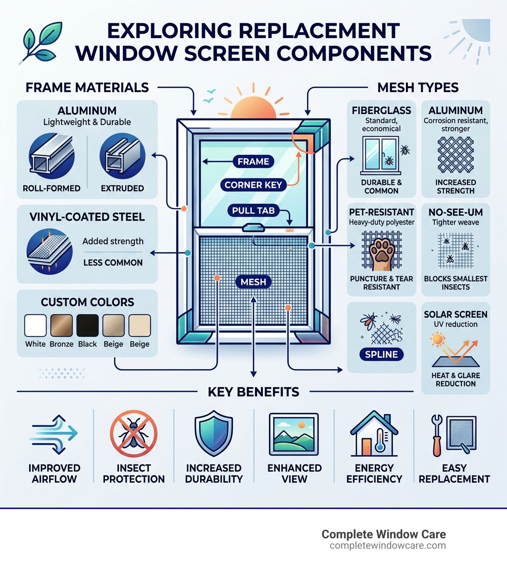 Framed window screen components diagram showing mesh types, frame materials, and key benefits - replacement window screen Framed window screen components diagram showing mesh types, frame materials, and key benefits - replacement window screen