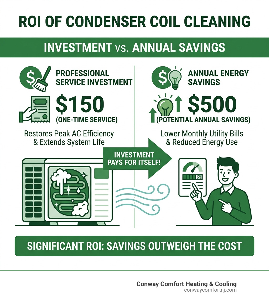 Infographic showing the ROI of coil cleaning: $150 service vs $500 annual energy savings - condenser coil cleaning service