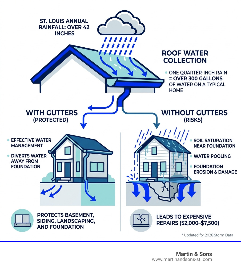 Infographic showing how gutters protect St. Louis home foundations from 42 inches of annual rainfall - gutter replacement st Infographic showing how gutters protect St. Louis home foundations from 42 inches of annual rainfall - gutter replacement st