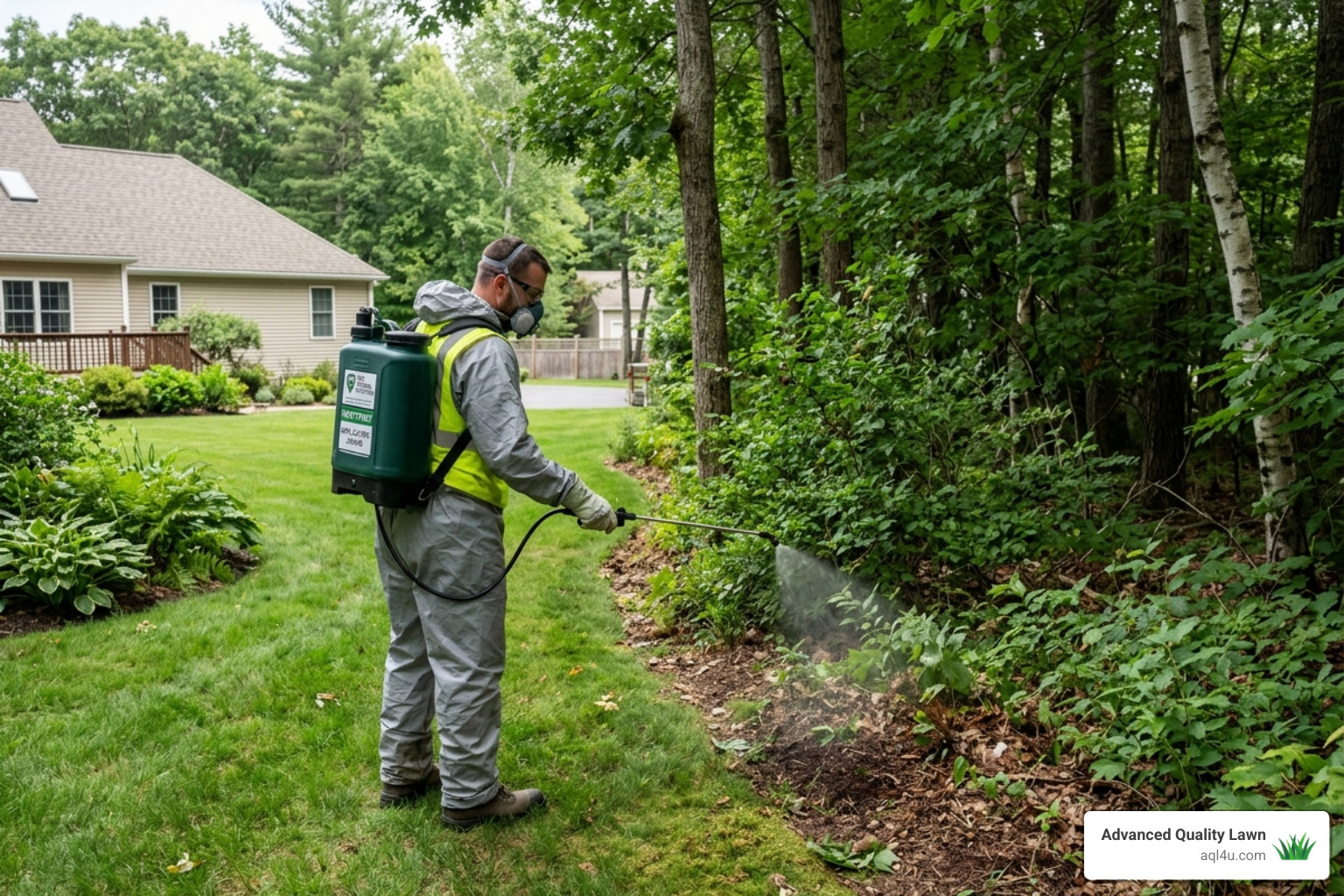Professional technician applying a liquid perimeter spray to a wooded yard edge - best way to kill ticks in yard