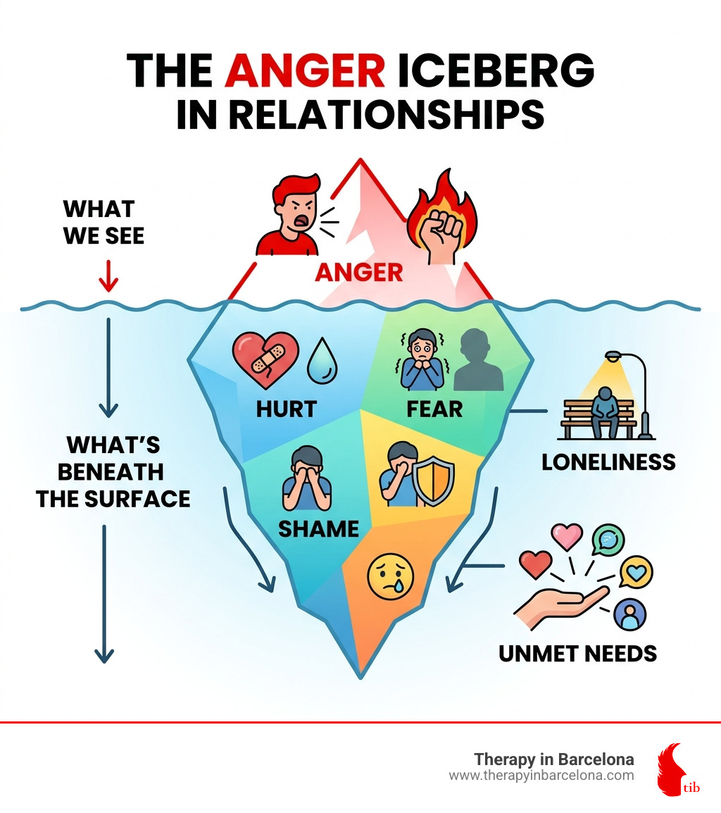 Anger Iceberg infographic showing surface anger above waterline and hurt, fear, shame, loneliness, and unmet needs below