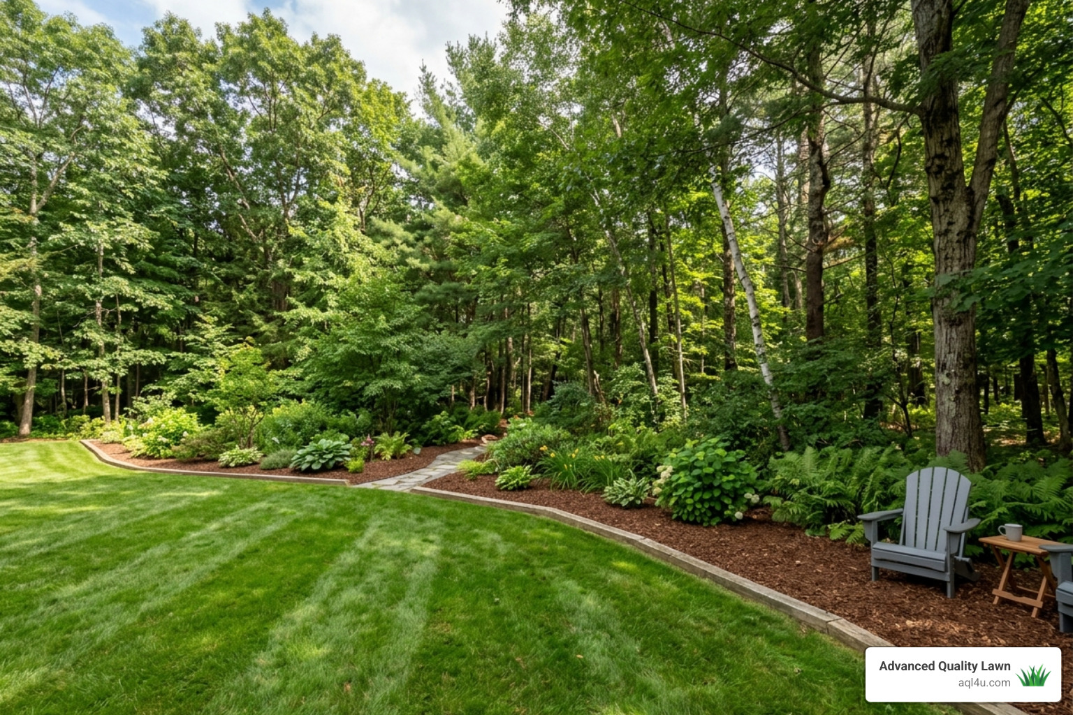 A yard featuring a clean wood chip barrier between the lawn and the forest - best way to kill ticks in yard