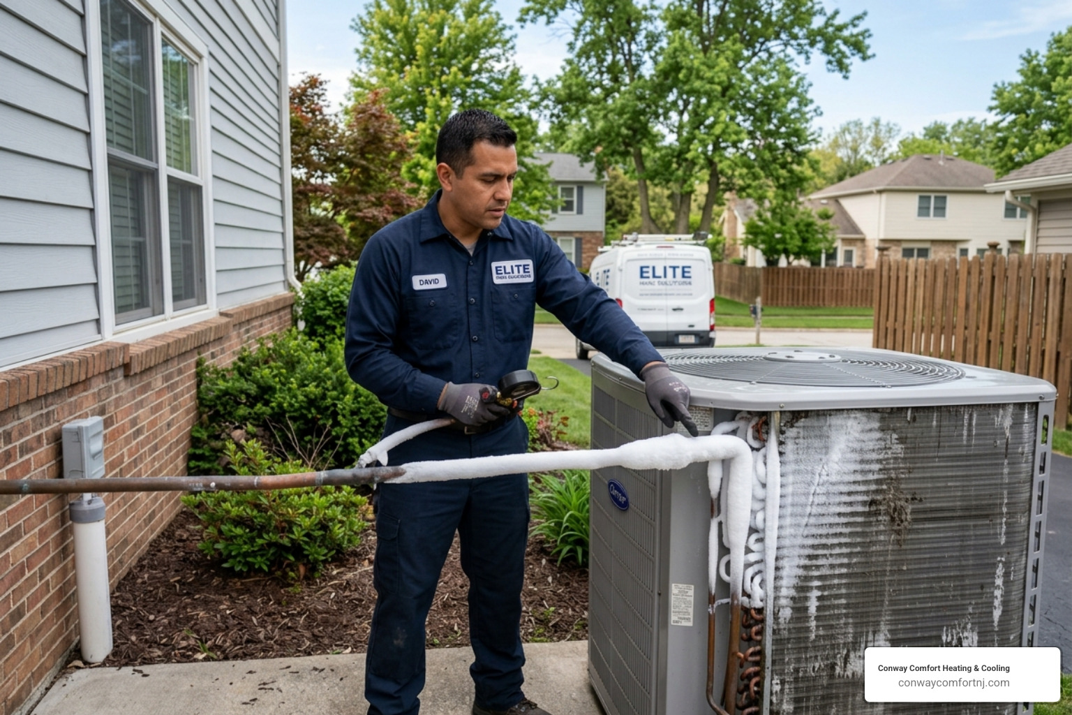 Technician pointing at ice buildup on AC refrigerant lines caused by dirty coils - condenser coil cleaning service