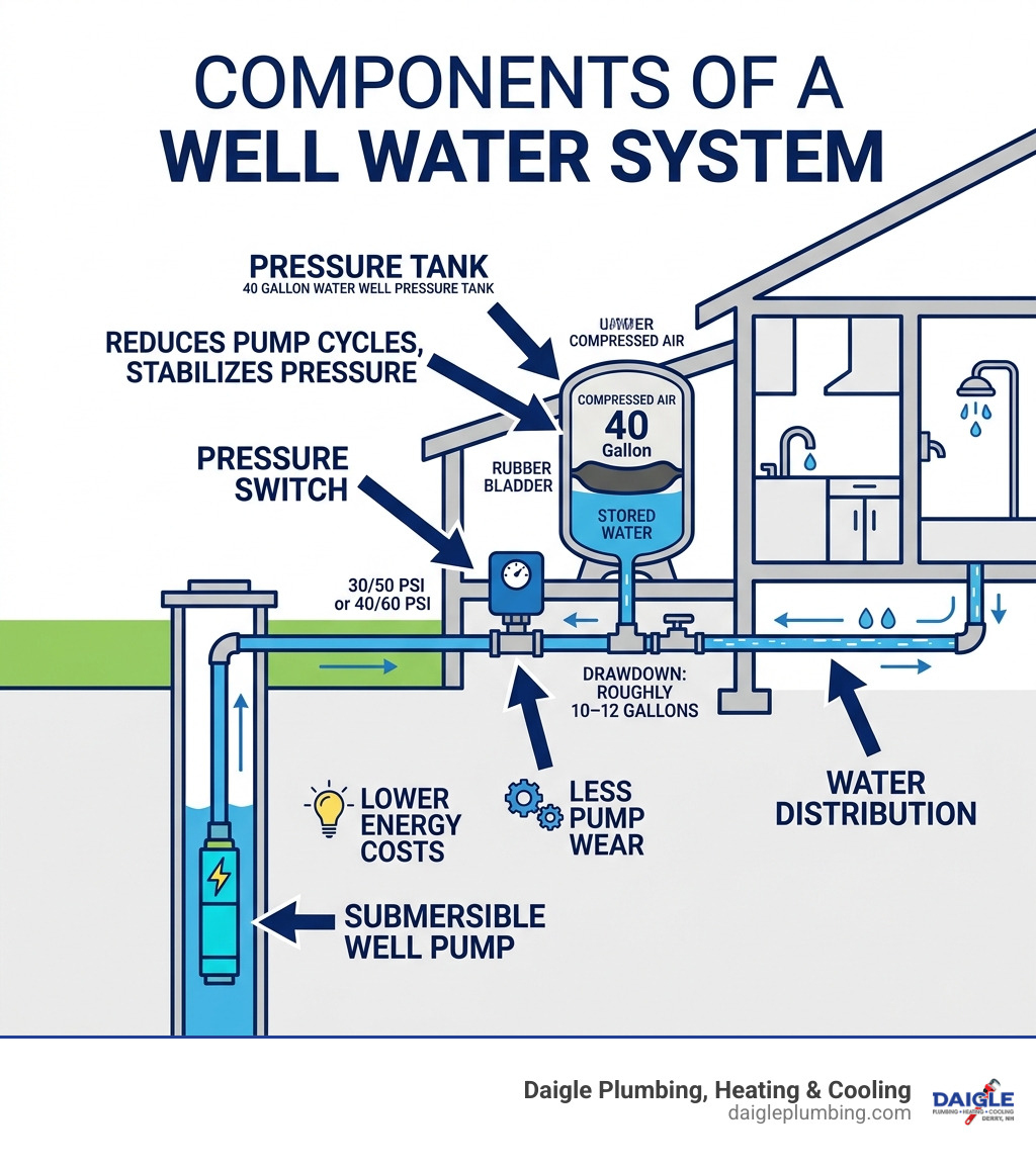 Infographic showing components of a well water system including pump, pressure tank, and pressure switch - 40 gallon water Infographic showing components of a well water system including pump, pressure tank, and pressure switch - 40 gallon water