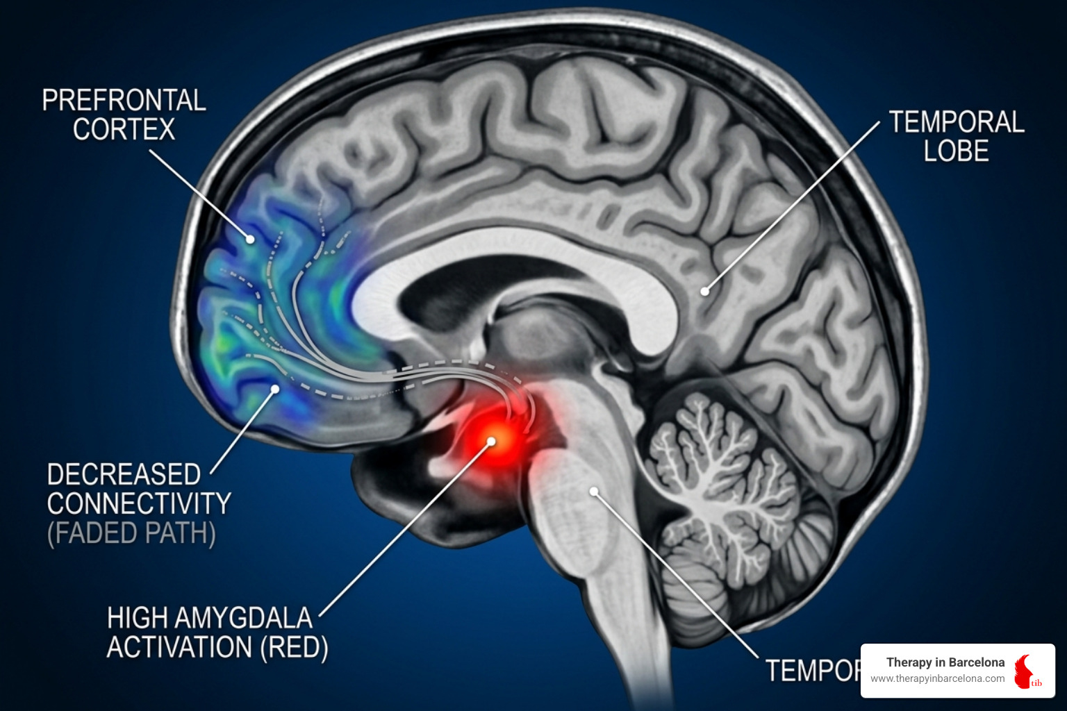Brain activity scan showing high activation in the amygdala and decreased connectivity in the prefrontal cortex during