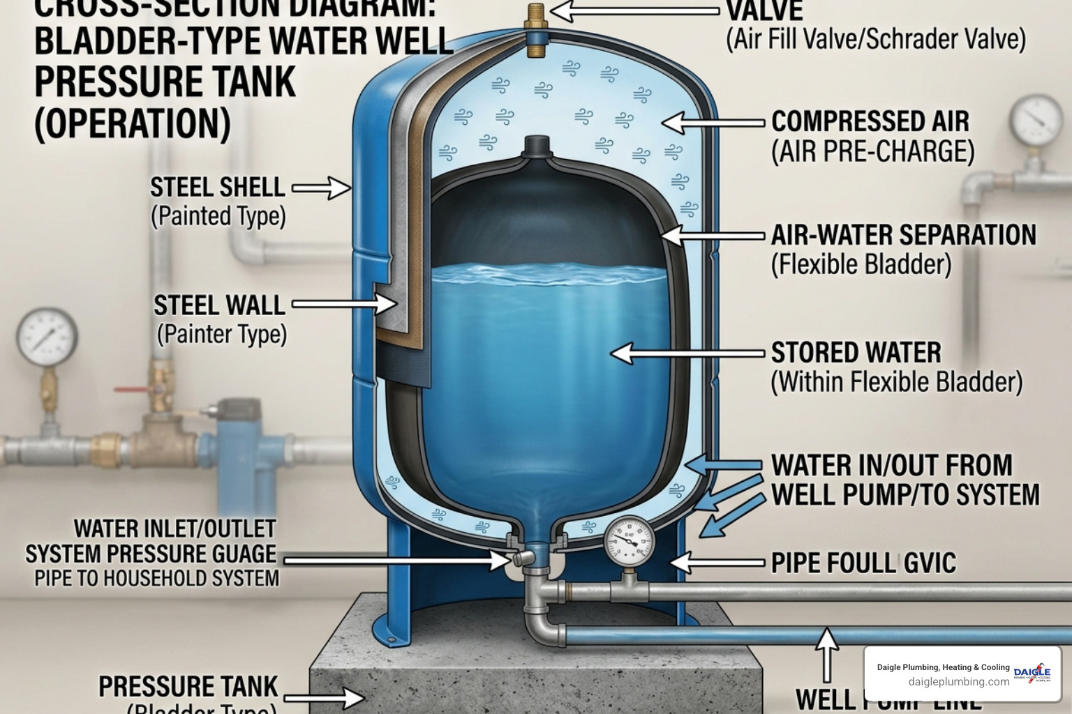 Diagram showing internal bladder operation and air-water separation - 40 gallon water well pressure tank Diagram showing internal bladder operation and air-water separation - 40 gallon water well pressure tank