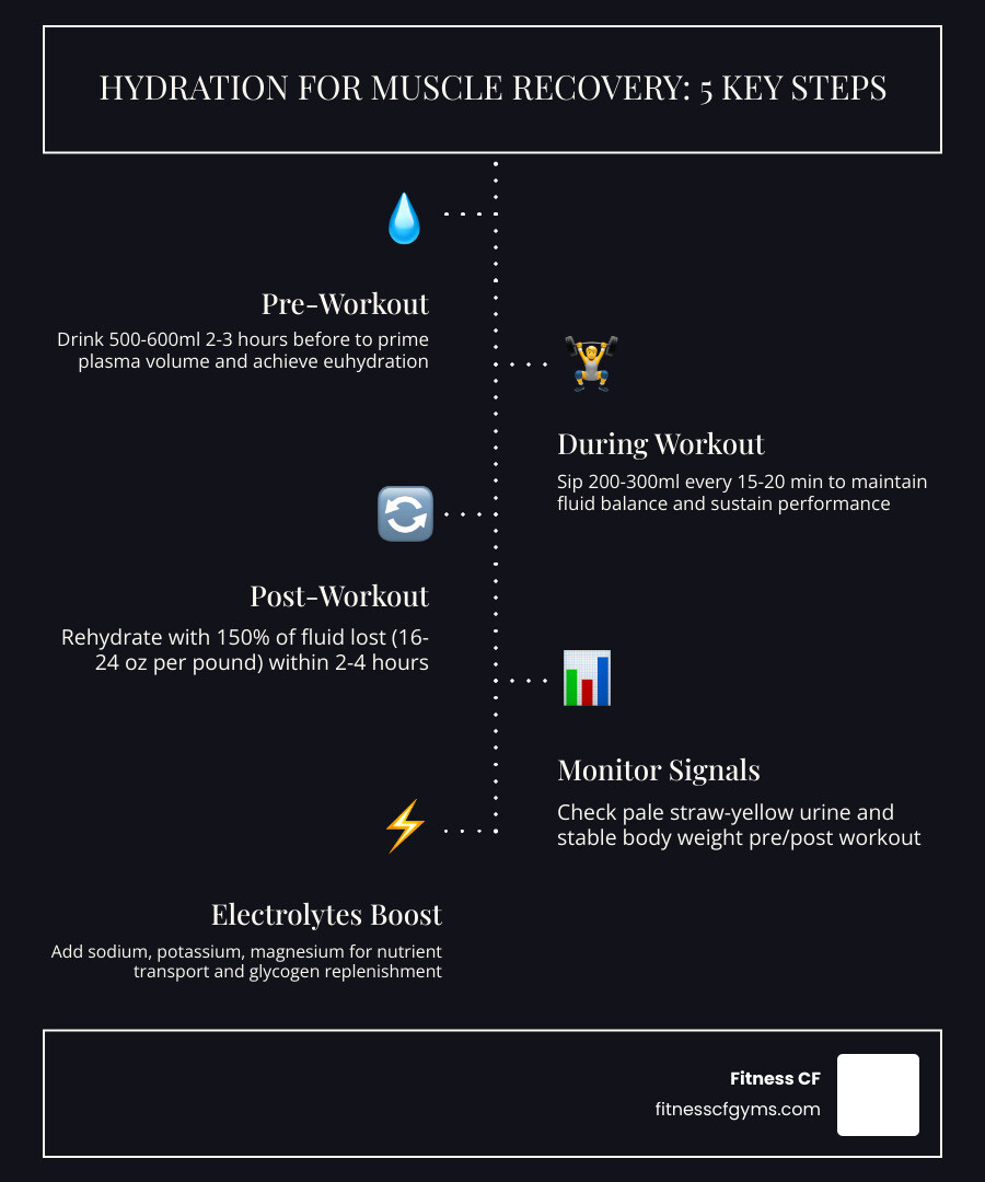 Infographic showing water intake timing and muscle fiber repair connection - hydration for muscle recovery infographic
