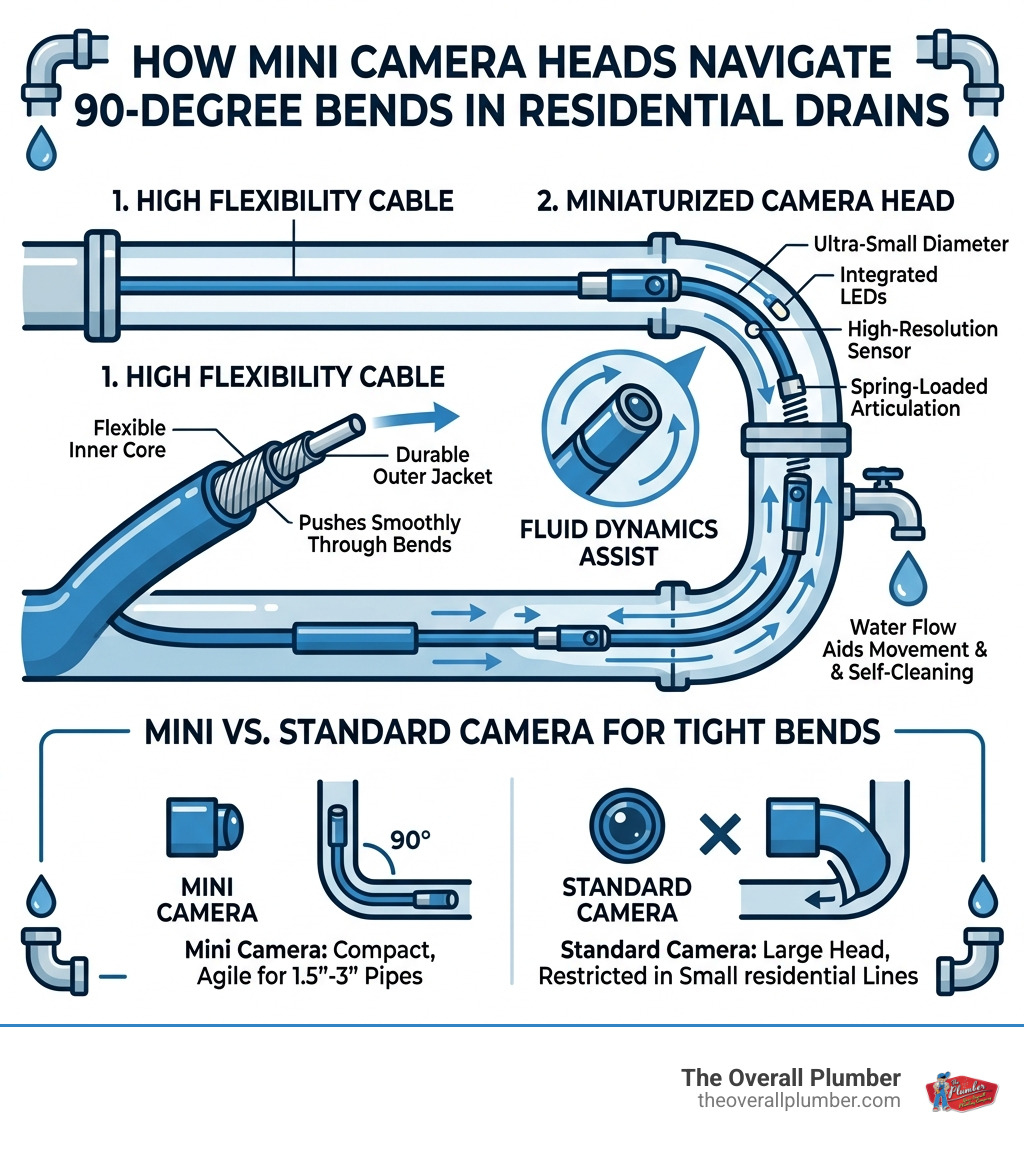 Infographic showing how mini camera heads navigate 90-degree pipe bends in residential drain systems - mini camera