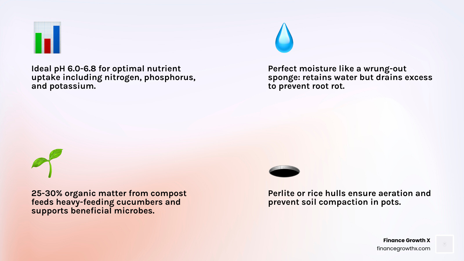 4 pillars of cucumber container soil: pH, Drainage, Nutrients, Moisture retention - best soil for cucumbers in pots