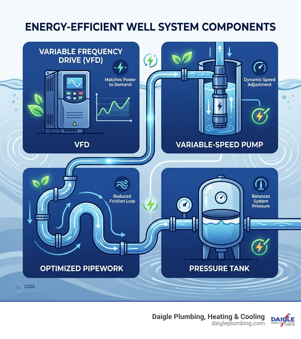 Components of an energy-efficient well system including VFD, variable-speed pump, pressure tank, and pipework - well pump Components of an energy-efficient well system including VFD, variable-speed pump, pressure tank, and pipework - well pump
