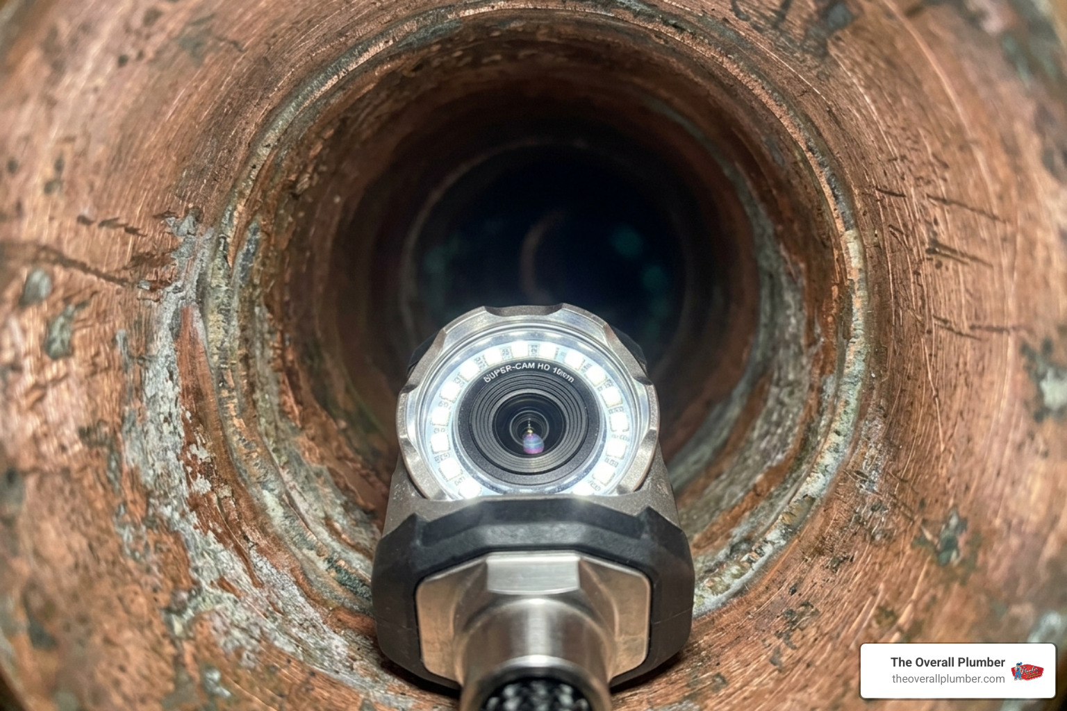 High-resolution camera head inside a copper pipe showing clear interior walls - mini camera inspection