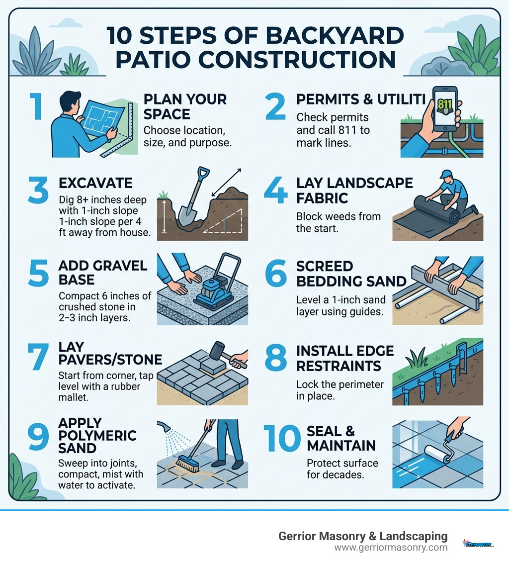10 steps of backyard patio construction from planning to sealing - backyard patio construction infographic 