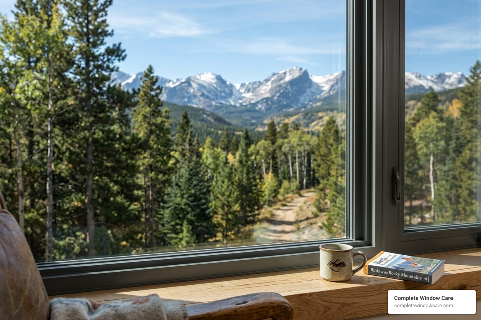 A newly repaired, perfectly sealed window overlooking the Colorado landscape - window leak repair company near me