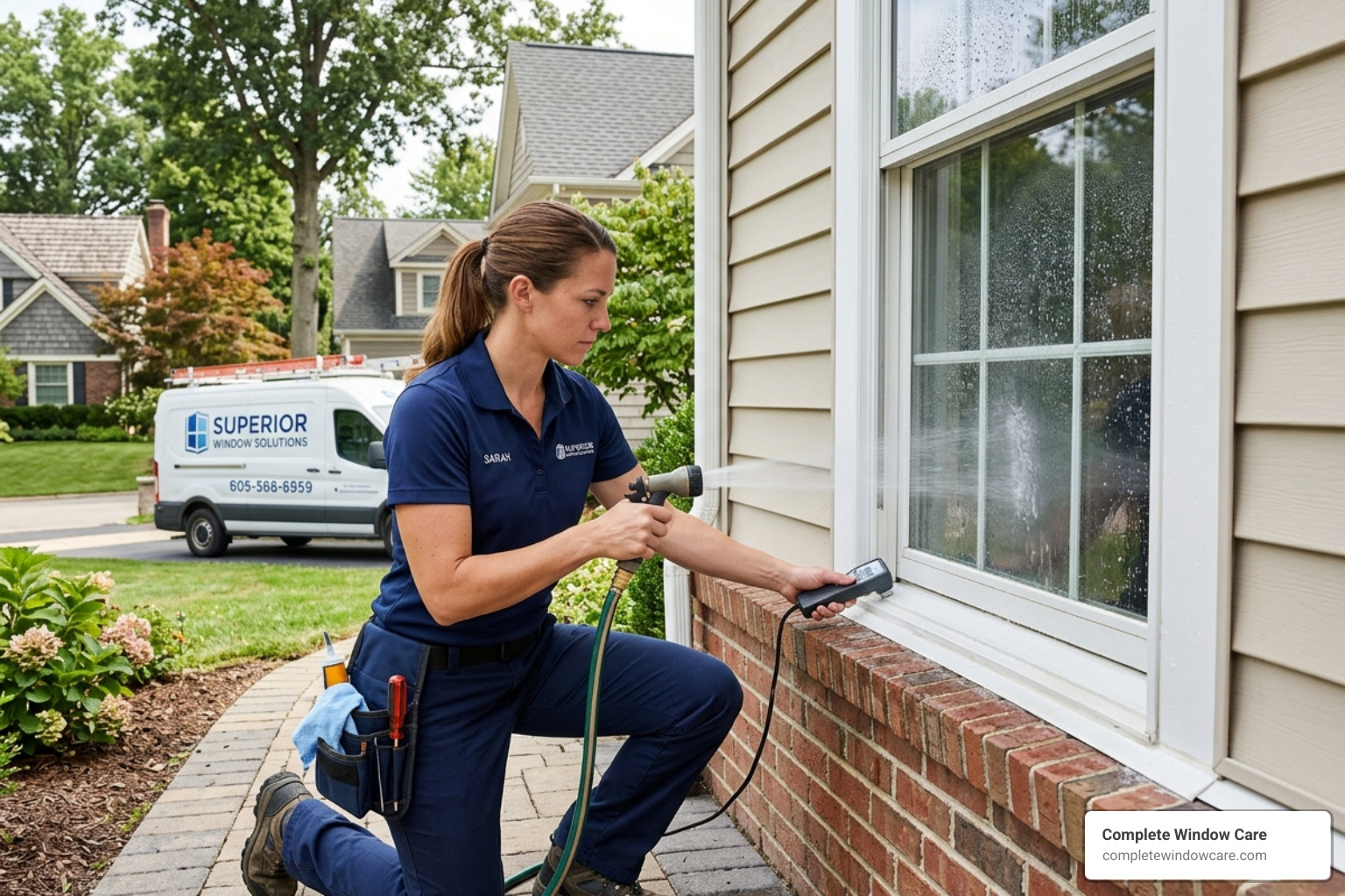 A professional window technician performing a detailed leak inspection - window leak repair company near me