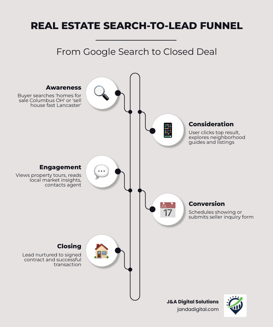 Real estate search-to-lead funnel showing steps from Google search to closed deal - SEO for real estate infographic Real estate search-to-lead funnel showing steps from Google search to closed deal - SEO for real estate infographic