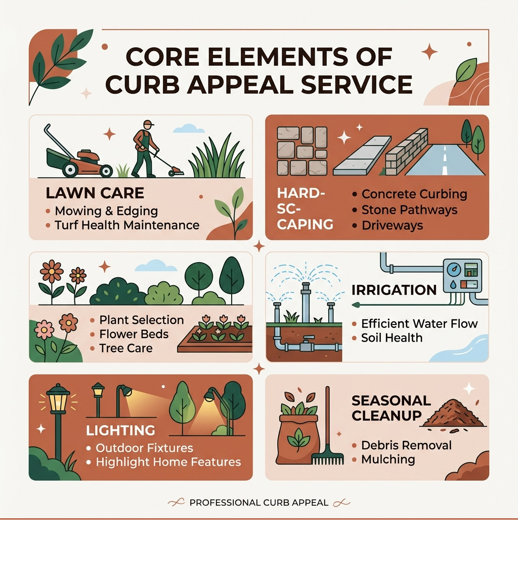 Infographic showing core elements of curb appeal service: lawn care, hardscaping, landscaping, irrigation, lighting, and Infographic showing core elements of curb appeal service: lawn care, hardscaping, landscaping, irrigation, lighting, and