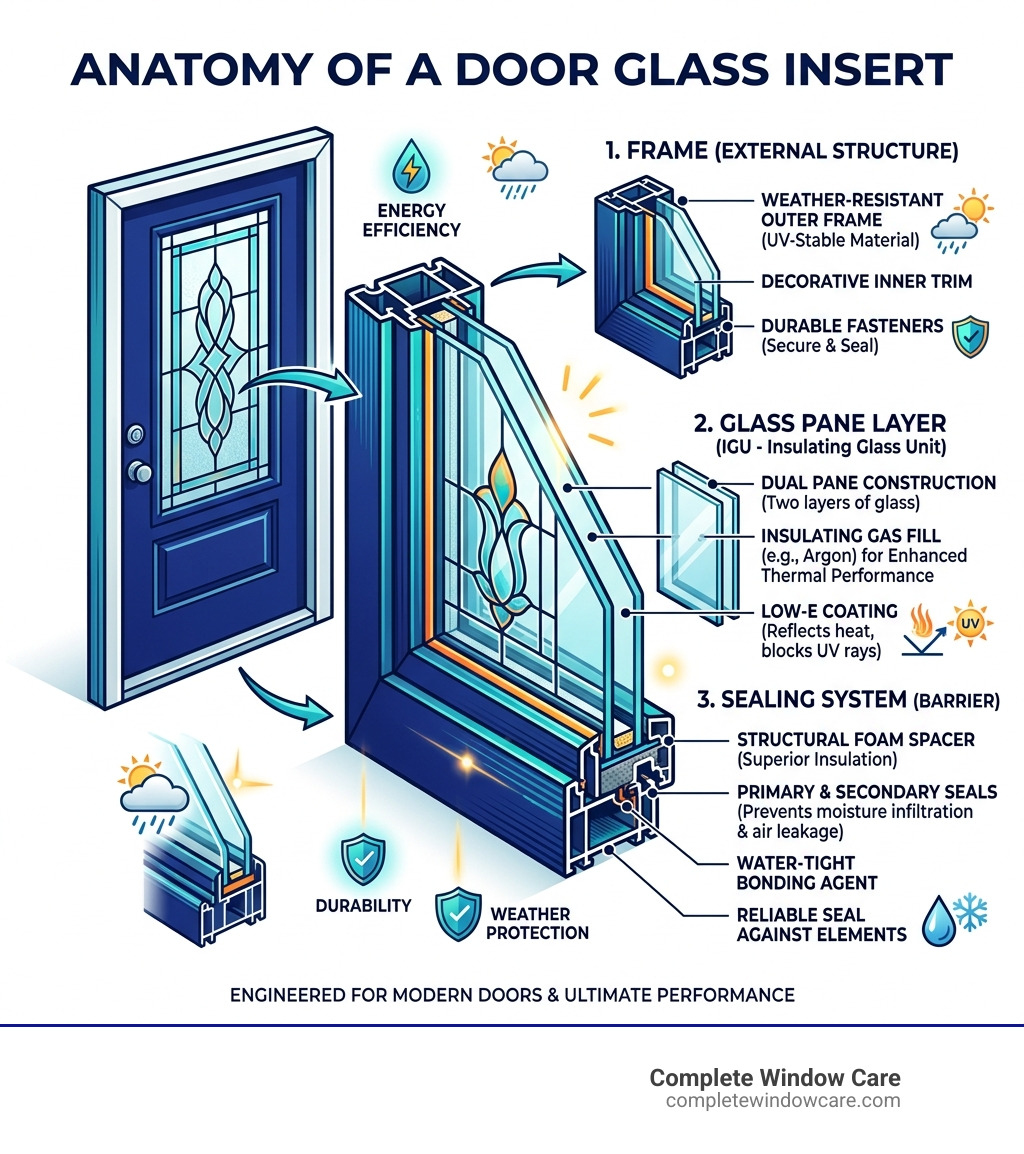 Anatomy of a door glass insert showing frame, glass pane, and seal layers - replacement glass for doors infographic 