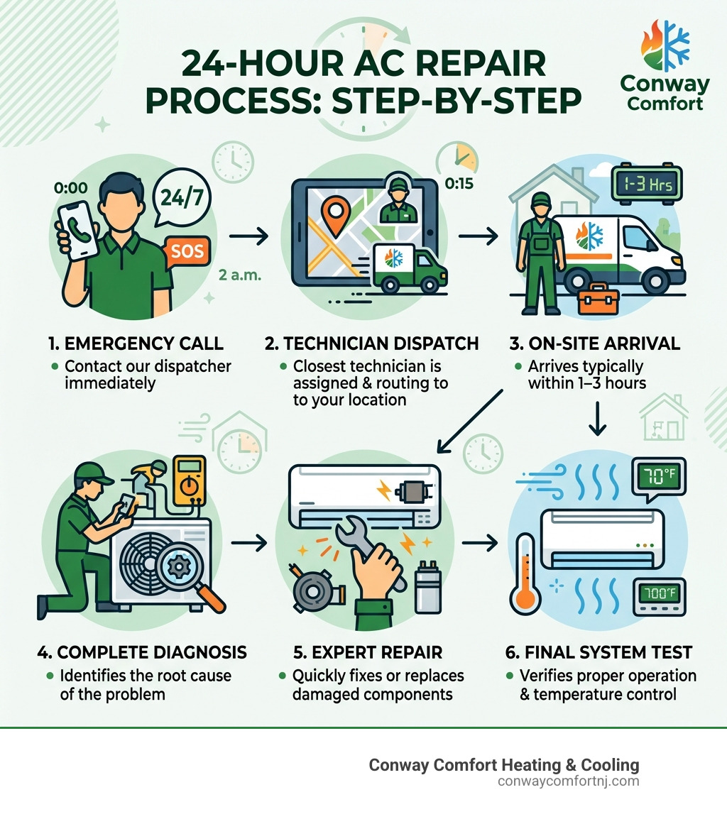 Infographic showing the 24-hour AC repair process: call, dispatch, arrival, diagnosis, repair, and system test - 24 hour AC