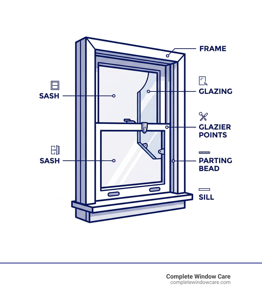 Infographic showing window anatomy: sash, frame, glazing, glazier points, parting bead, and sill - repairing home windows