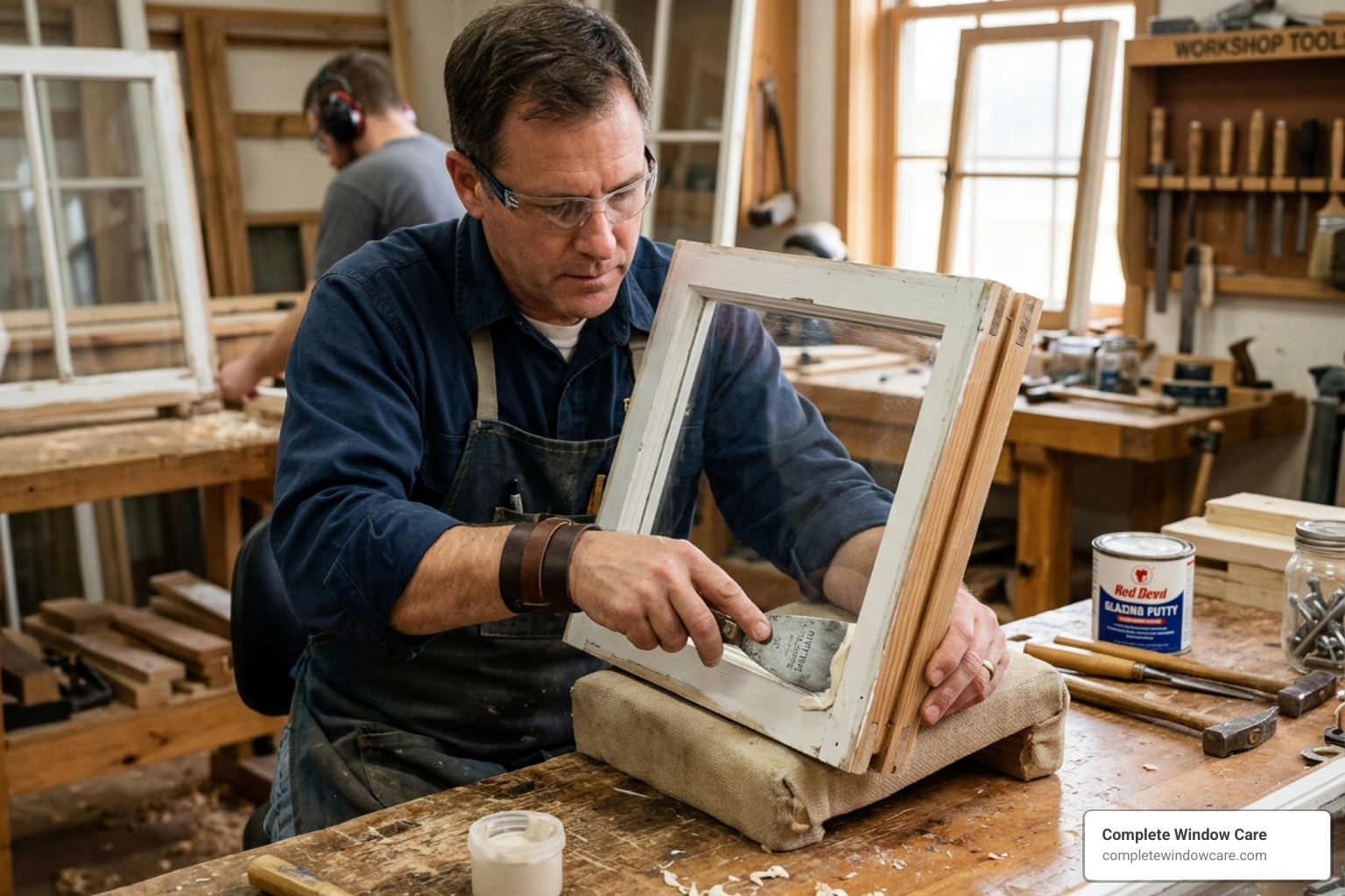 A professional glazier carefully applying fresh glazing putty to a wood window sash - repairing home windows
