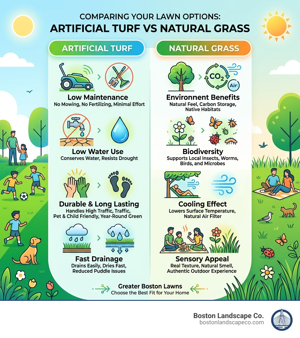 Benefits of artificial turf vs natural grass comparison infographic - turf artificial infographic 