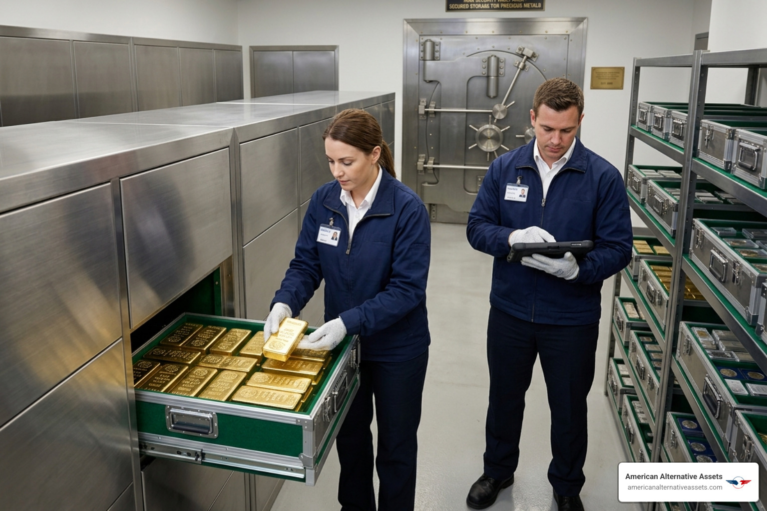 high-security private depository vault with gold bars - precious metals storage