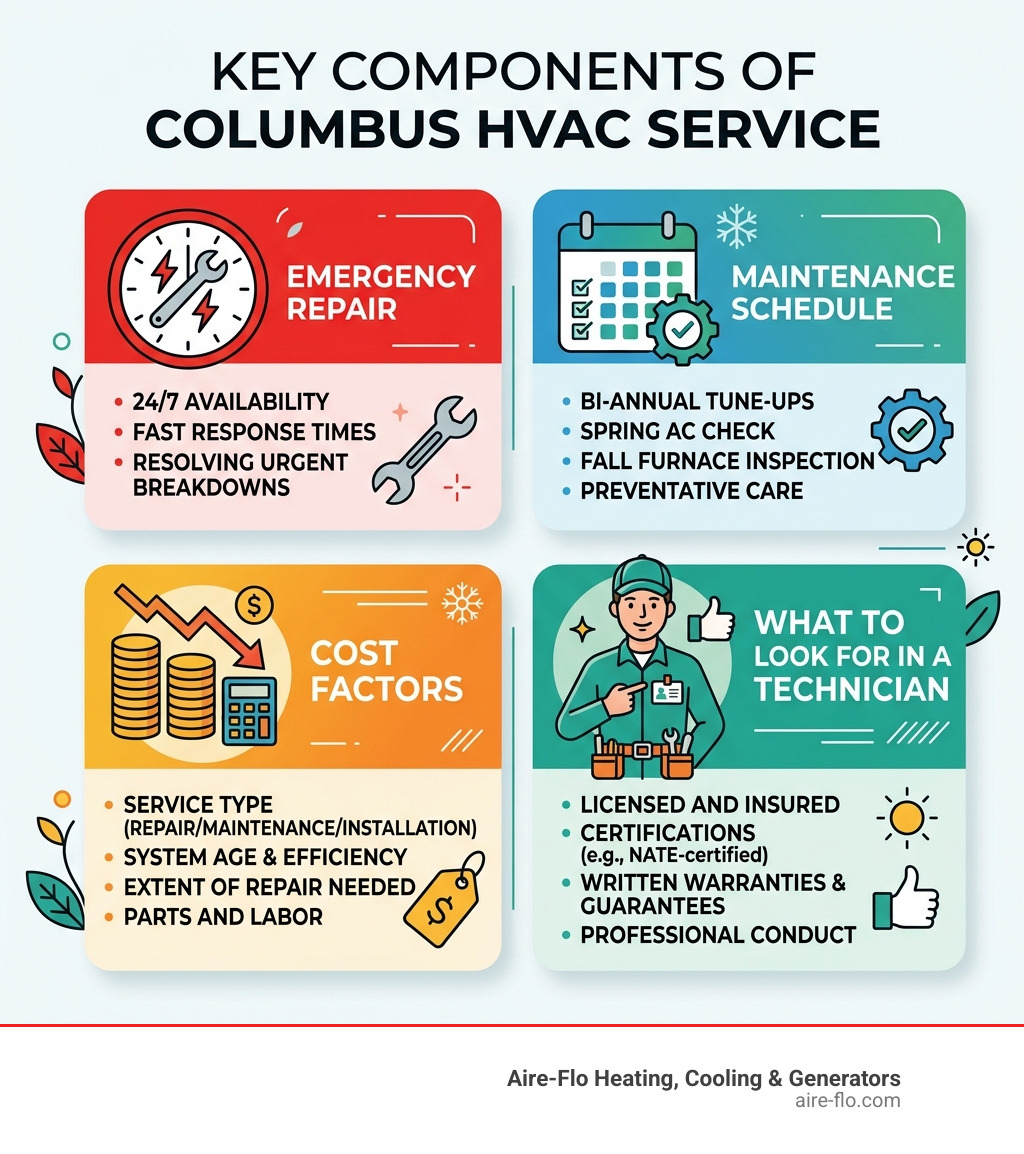 Infographic showing key components of Columbus HVAC service: emergency repair, maintenance schedule, cost factors, and what